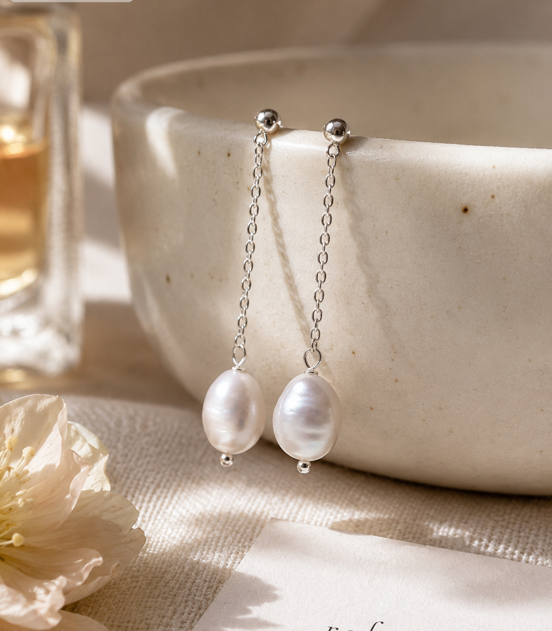 White Pearl Chain Danglers - Image 3